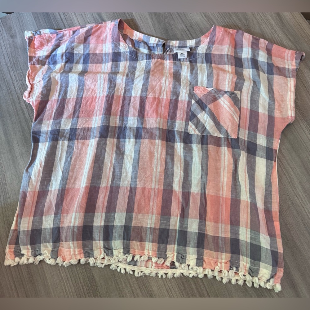 Liz Claiborne Coral and Blue Plaid Fringe-Hem Women’s Top
